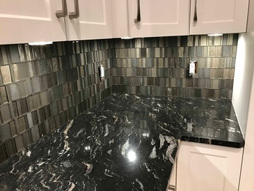 Black Kitchen Countertop and Backsplash Tiles Installation Burnaby by DMC Surfaces Outlet