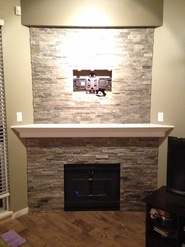 Modern Natural Stone Hearth Installation by DMC Surfaces Outlet