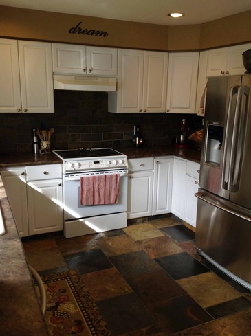 Modern Kitchen with Natural Stone Flooring White Rock by DMC Surfaces Outlet