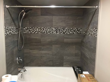 Grey Bathroom Backsplash Tiles Installation New Westminster by DMC Surfaces Outlet
